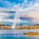 City of Geneva with Jet d'Eau fountain at sunset, Switzerland